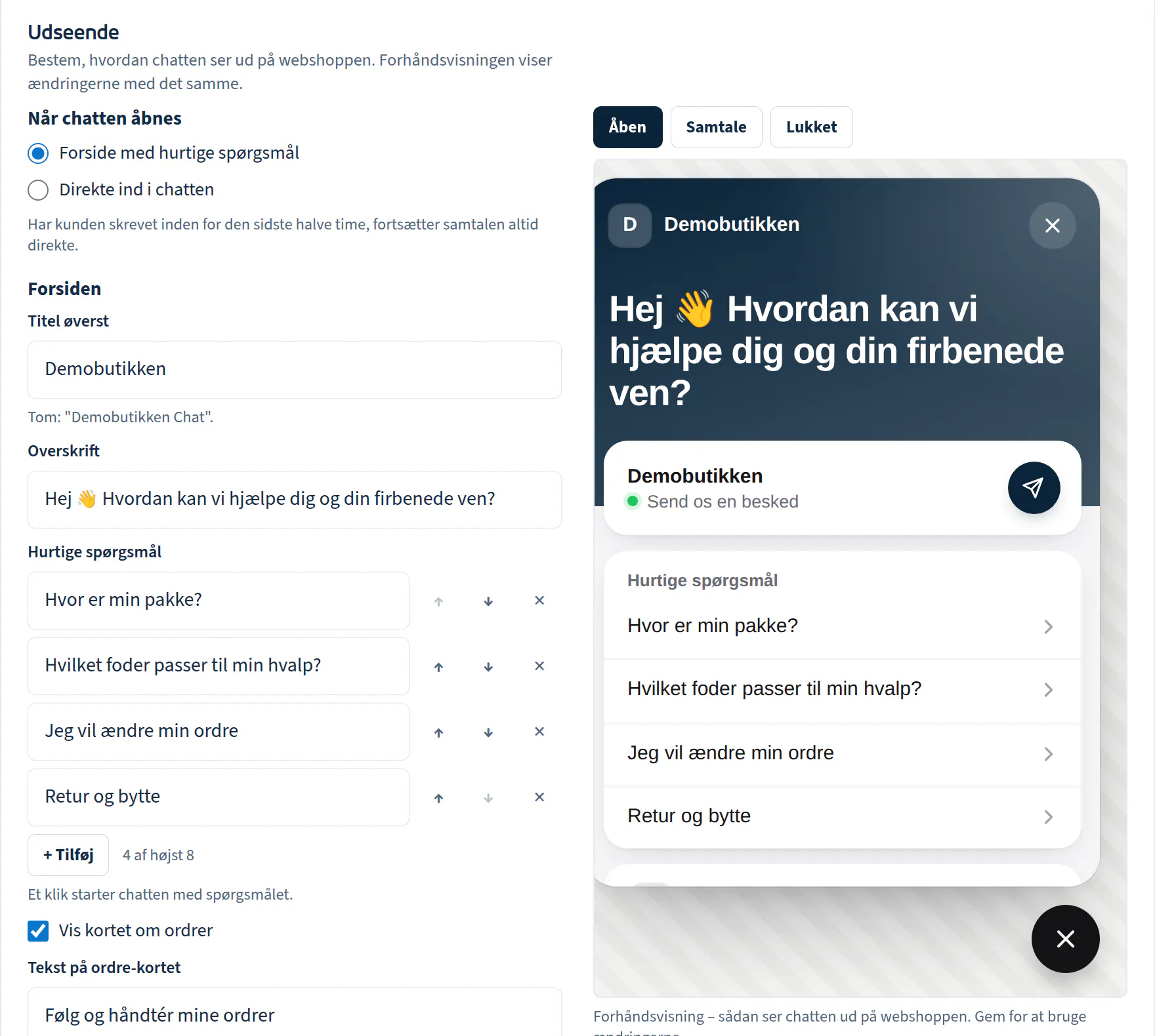 Udseende-indstillingerne med forhåndsvisning af chatten