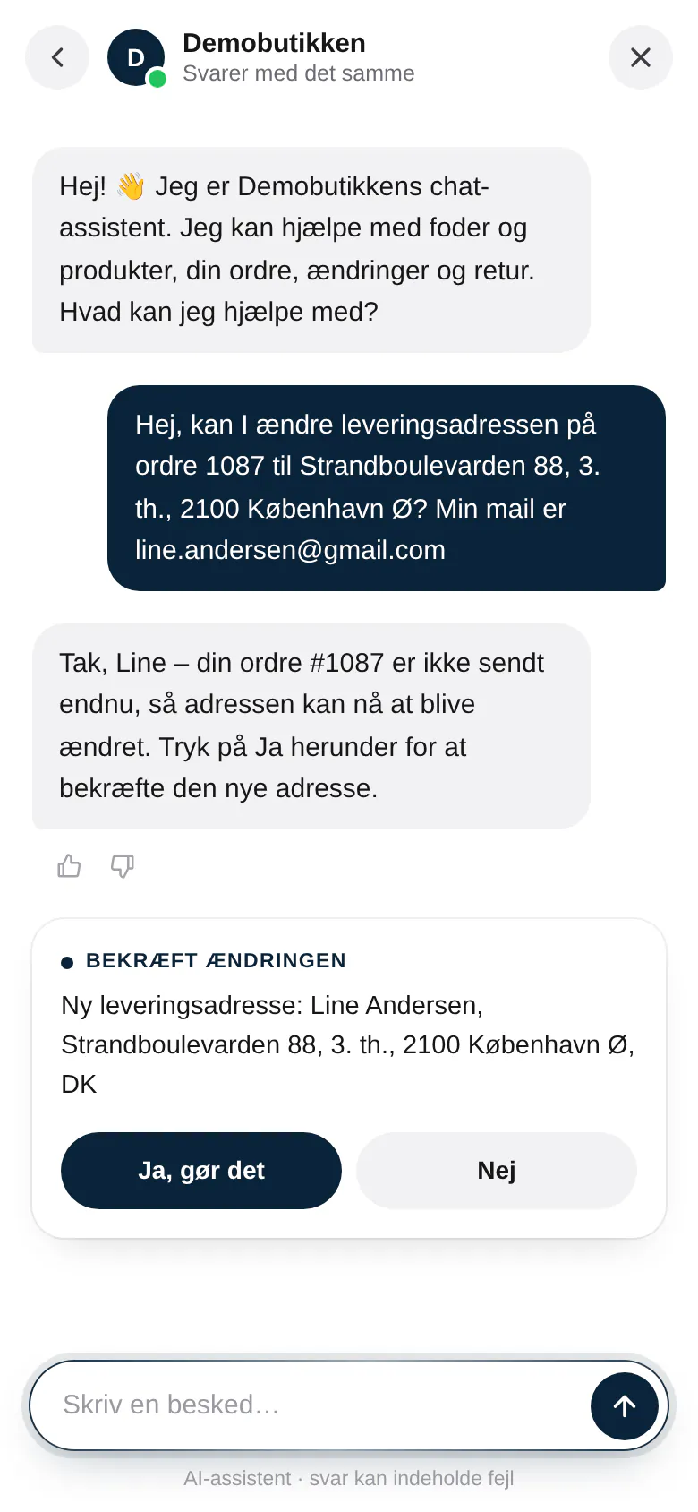 Kunden bekræfter en ny leveringsadresse med knappen Ja, gør det