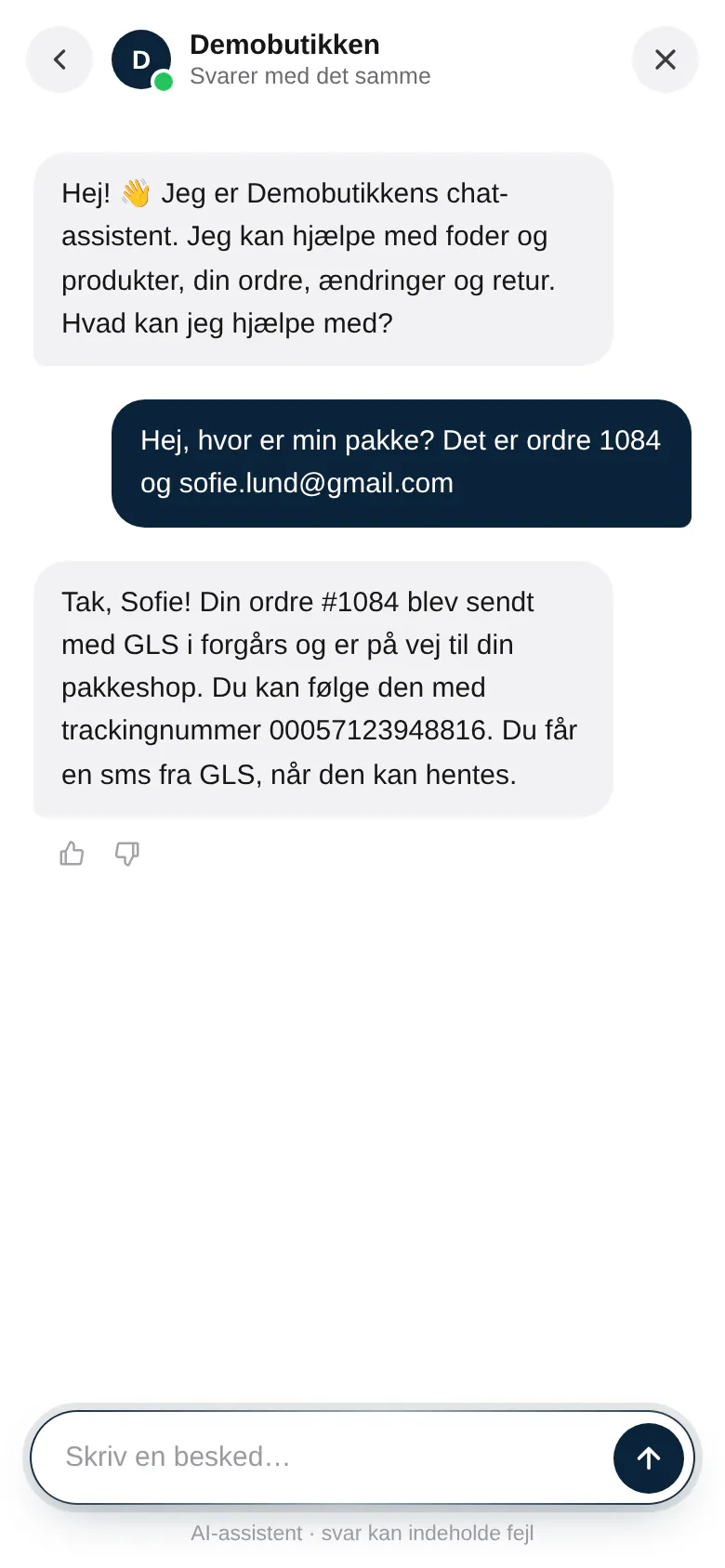 Chatten svarer, at ordre #1084 er sendt med GLS, med trackingnummer